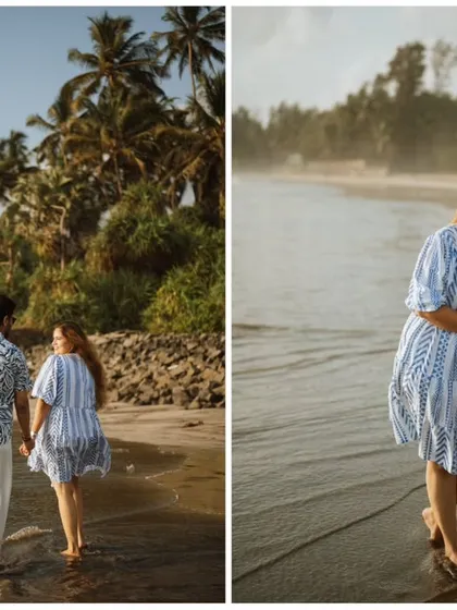 A two-photo collage showing the couple walking and embracing on the beach. These shots capture both a candid walking moment and a more posed, affectionate portrait against a backdrop of palm trees.