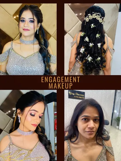 This collage captures the full process of an engagement makeup look. From the before shot to the final look with a beautifully braided hairstyle adorned with flowers, every detail is crafted to perfection.