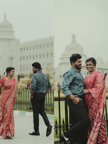 A collage of a couple's vintage-themed pre-wedding shoot in front of Bengaluru's Vidhana Soudha.