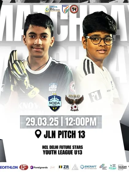 Matchday 4 announcement for our U13 team in the Delhi Youth League, showcasing our goalkeeper and an outfield player ready to defend the crest.