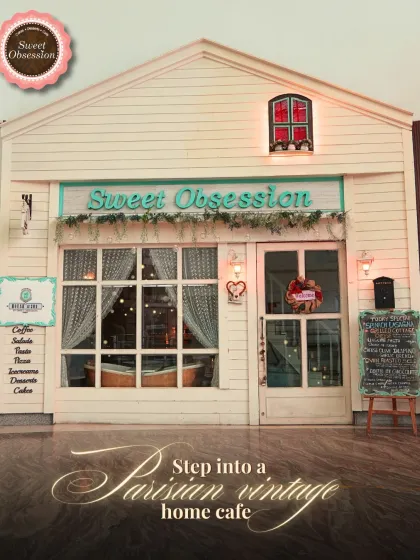 Welcome to my little Parisian home cafe. I designed the storefront to look like a charming dollhouse, giving you a hint of the vintage magic that awaits inside. It’s your first step into a different world.