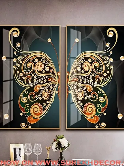 This set of two crystal paintings forms a single, ornate butterfly with intricate golden wings. The diptych design is a unique and elegant way to create a large, impactful piece of art.