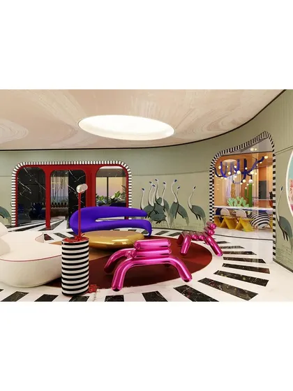 An overview of the "Whimsy Wonder" living area, a 5000 sqft symphony of art and luxury. Here, pop art vibrance and bold statement pieces transform an apartment into a whimsical wonderland.