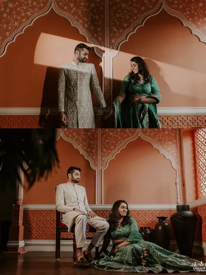 A diptych showcasing different poses within the same studio setting. We capture both standing and seated portraits to provide variety, telling a story of quiet romance and regal elegance.