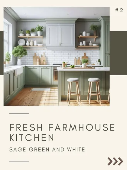 A fresh farmhouse kitchen look is achieved with sage green and white. This combination feels clean and natural, especially when paired with wooden accents and open shelving.