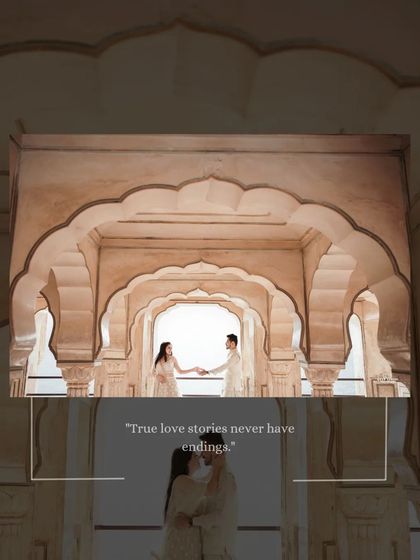 A creative shot using the repeating arches of Amer Fort to frame the couple, creating a sense of depth and endless love in this historic setting.