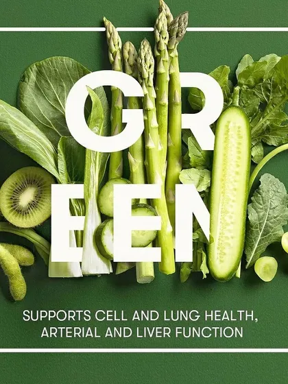 Green foods like spinach and kiwi support cell and lung health, as well as arterial and liver function.