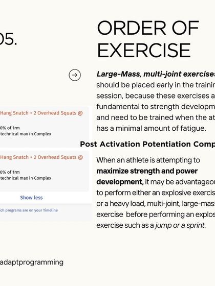 The fifth variable is the Order of Exercise. Large-mass, multi-joint exercises like snatches or squats should be done early in the session when you are fresh to maximize strength and power development.