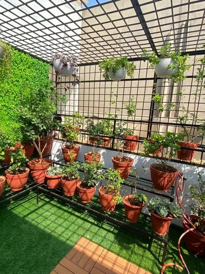 This balcony is a plant lover's paradise. We used multi-tiered plant stands and a trellis with hanging pots to maximize greenery in a compact space, creating a dense and vibrant urban jungle feel.