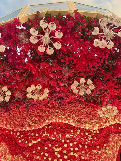 A worm's-eye view of the massive red floral ceiling, adorned with modern chandeliers. The texture and color are simply breathtaking.