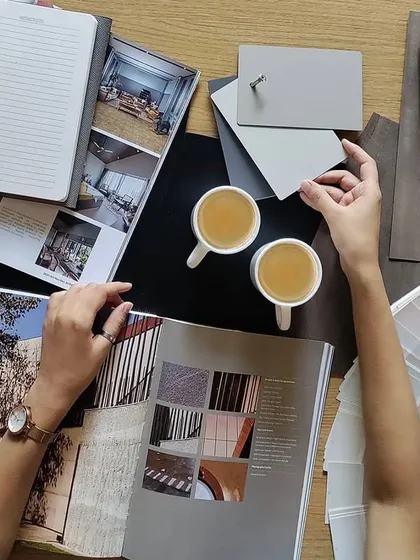 The design process begins with inspiration and careful curation. This is a glimpse of a mood board in progress, where we bring together textures, color palettes, and architectural concepts to build a cohesive vision for a new project.