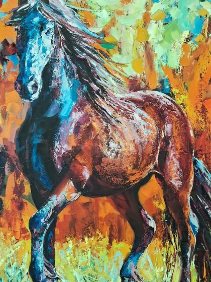 A vibrant, abstract painting of a horse, full of color and movement.