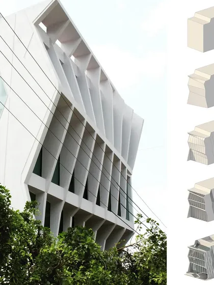 A duplicate of ID 53, this view from below emphasizes the sculptural quality of the facade's structural elements. The design creates a sense of movement and flight.