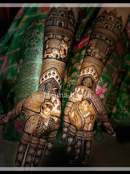 A masterpiece of storytelling. This full bridal design includes detailed couple portraits, elephants in a royal procession, and intricate architectural elements.