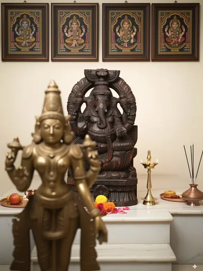 See how our art transforms a house into a home. A handcrafted wooden Ganesha with a classic wax brown finish sits as the serene focal point in a client's pooja room, radiating peace and auspicious energy.