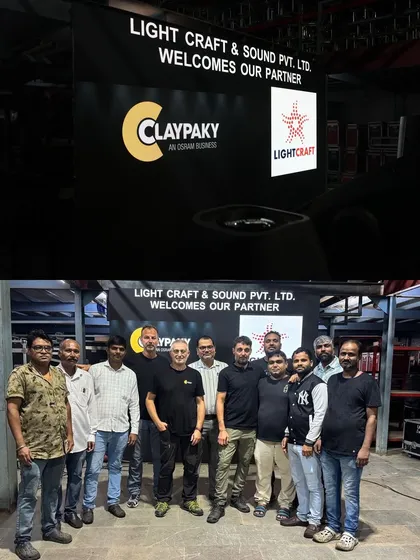 A group photo of our team with our partners from Claypaky. These collaborations are key to our commitment to providing the best technology and expertise.