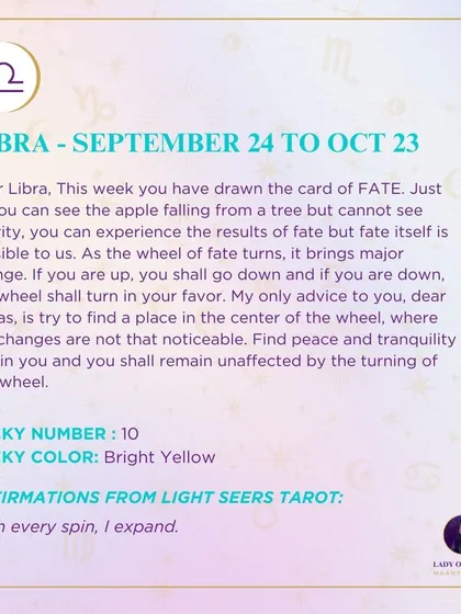 This week's tarot reading for Libra. You have drawn the card of FATE. As the wheel of fate turns, it brings major change. Try to find a place in the center of the wheel.