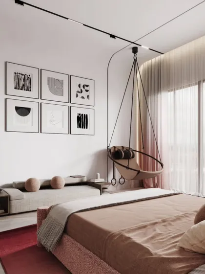A modern bedroom designed with a youthful, chic vibe. The renders feature a pink color scheme, contemporary track lighting, and playful elements like a hanging swing chair, showing our versatility in style.