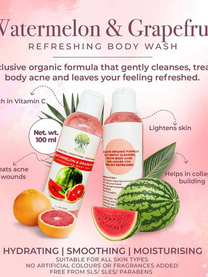 My Watermelon & Grapefruit Refreshing Body Wash is a burst of hydration for your skin. Rich in Vitamin C, it gently cleanses, helps treat body acne, and aids in collagen building for smooth skin.
