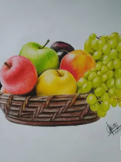 A classic still-life drawing of a fruit basket. This piece was an exercise in capturing different textures and vibrant colors, from the shine on the apples to the translucency of the grapes.