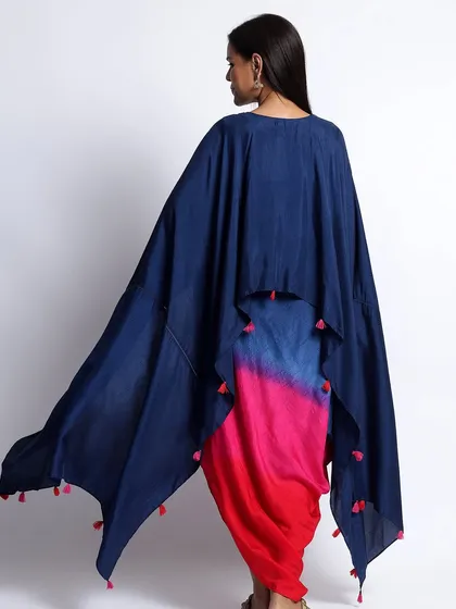 A unique tie-dye dhoti and cape set in shades of blue and pink, a bold and modern statement piece.