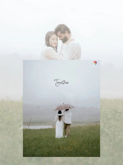 A layered collage from a rainy day shoot, showing the couple sharing an umbrella and embracing in the mist.