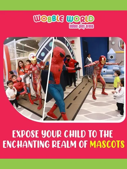 A collage showing our enchanting realm of mascots, with Spiderman and Iron Man making an appearance and interacting with the children.