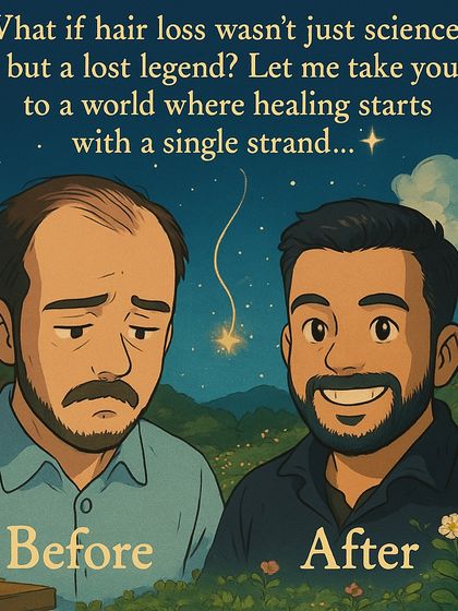 Your healing starts with a single strand. This illustration captures the emotional and physical journey of hair restoration, moving from the sadness of hair loss to the joy of a full, healthy head of hair.