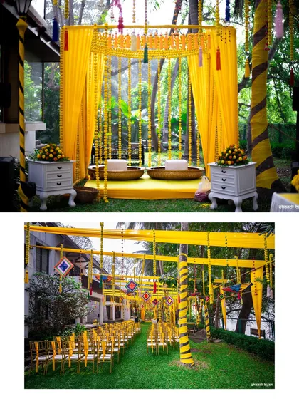 The beautiful yellow-themed decor for an outdoor haldi ceremony, ready for a day of fun.