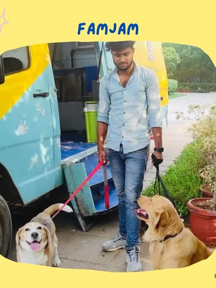 Here's our spa on wheels in action! We bring the complete grooming setup right to your doorstep, making it convenient for you and comfortable for your pets, like this happy Beagle and Golden Retriever.