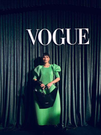 My full look for the Vogue Forces of Fashion event, featuring a structured green dress by Melitta Baumeister.