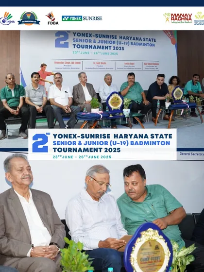 Officials and dignitaries at the state badminton tournament. We work closely with the Haryana Badminton Association and Faridabad District Badminton Association to promote the sport.