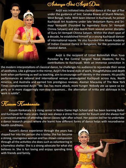 I was proud to present my student Kusum Kankanala for her Kuchipudi Rangapravesham in Saratoga, California. This brochure details her journey and passion for the art form.
