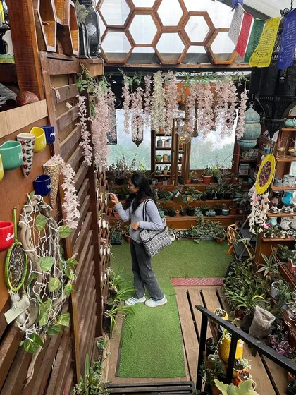 A trekker exploring a beautiful, plant-filled shop in Kodaikanal.