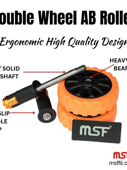 A detailed breakdown of the AB Roller's components, including the heavy solid steel shaft and non-slip handle grips.
