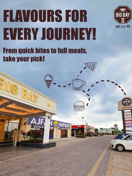 This image illustrates the journey of flavors you can take at Big Bay. From coffee and ice cream to burgers and pizza, your cravings are covered.