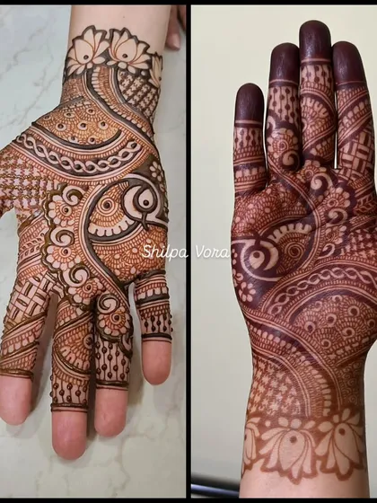The proof is in the stain. This image shows a side-by-side comparison of a fresh henna application and the beautiful, dark stain it develops into after a day, thanks to my all-natural paste.