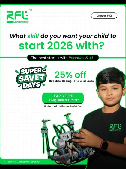 What skill do you want your child to start 2026 with? This poster positions Robotics & AI as the best start and promotes our Super Saver Days with a 25% discount.