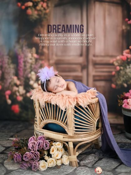 This portrait showcases a beautiful color palette and delicate posing. The sleeping baby, adorned with a lavender headband, rests in a rattan basket with a flowing purple wrap against a floral, dream-like background.