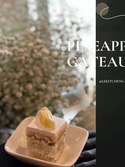 A delicate slice of pineapple gateaux, a light and airy cake perfect for a high-tea or brunch event.