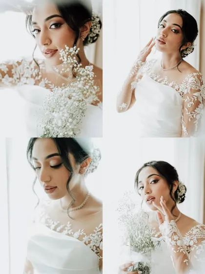 A collage of stunning bridal portraits, showcasing the bride's elegance and beauty. The soft, natural light and her serene expressions create a timeless feel.