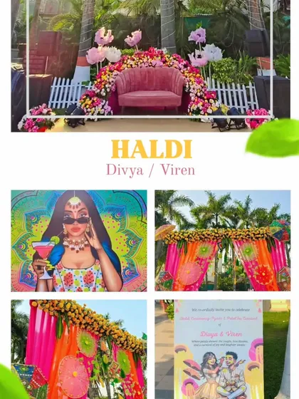 A quirky and modern Haldi theme for Divya and Viren. The decor featured a cool, illustrated backdrop, a pink velvet sofa, and vibrant floral arrangements for a fun and personalized feel.