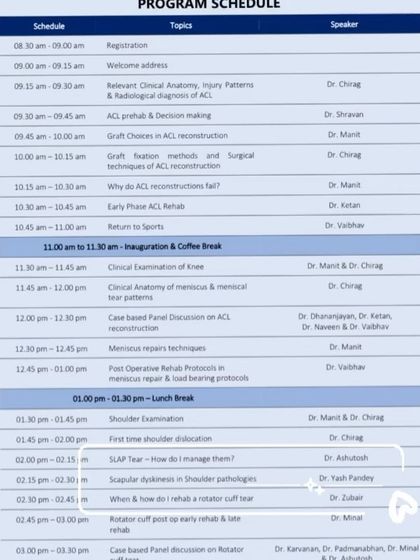 Here is the program schedule from the event, where I presented on "Scapular dyskinesis in shoulder pathologies," a key topic for understanding shoulder pain.