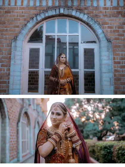 A diptych of Nisha's portraits, one in front of a brick archway and another a close-up, showcasing her beauty and the venue's architecture.