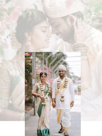 A lovely candid shot of a couple walking together after their ceremony. The bride's green and white saree complements the natural surroundings perfectly.