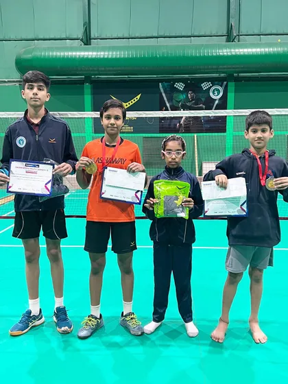 Our players Sneha, Arjun, Siddhant, and Akshita showcasing their medals from the Rackonnect Badminton Youth Series in Gurugram, where they competed against players from multiple states.