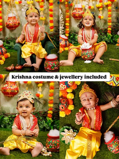 A collage showing the variety of Krishna costumes and jewelry provided for the Janmashtami shoots.