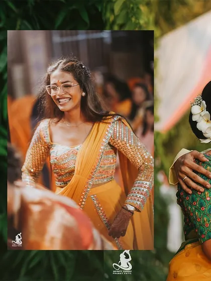 A collage featuring a joyful portrait of the bride-to-be enjoying the Haldi festivities.