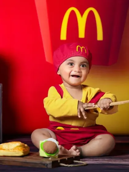 Playtime at the baby McDonald's. This little one is having a great time with the food-themed props.