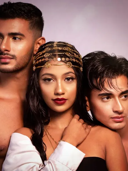 This is modern elegance. For this editorial shoot, I created a cohesive "Golden Goddess" theme, crafting complementary looks for both male and female models that highlight their features and work beautifully on dusky skin tones.
